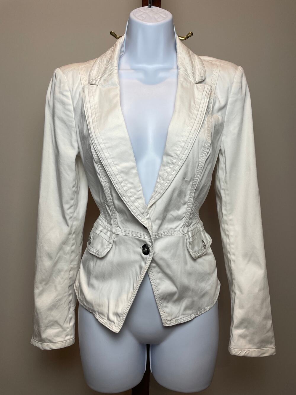 White House Black Market Ruched Short Sleeve Blazer Jacket 6 White Cotton